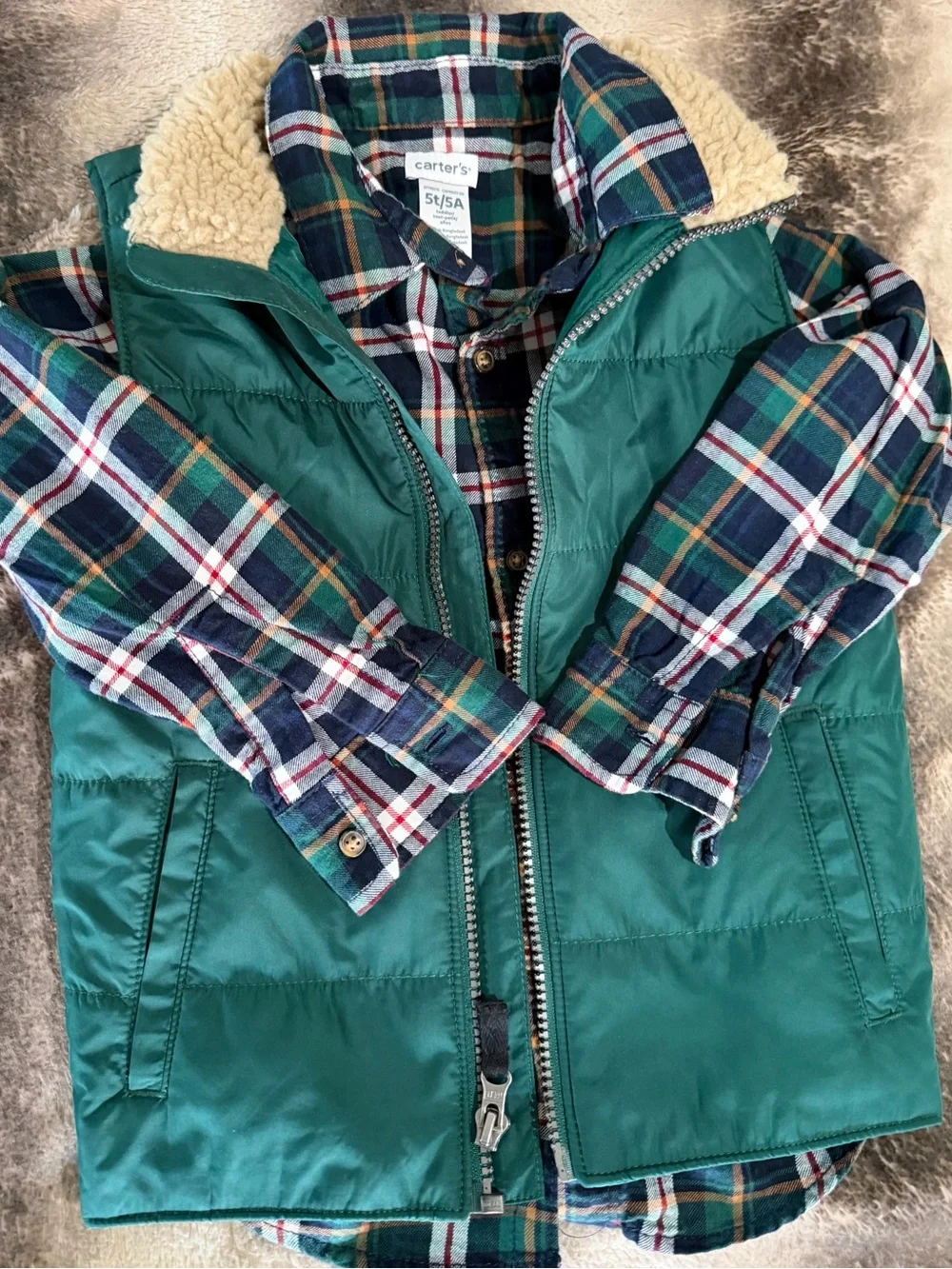 Kids Green Sherpa-Lined Puffer Vest with Button up shirt